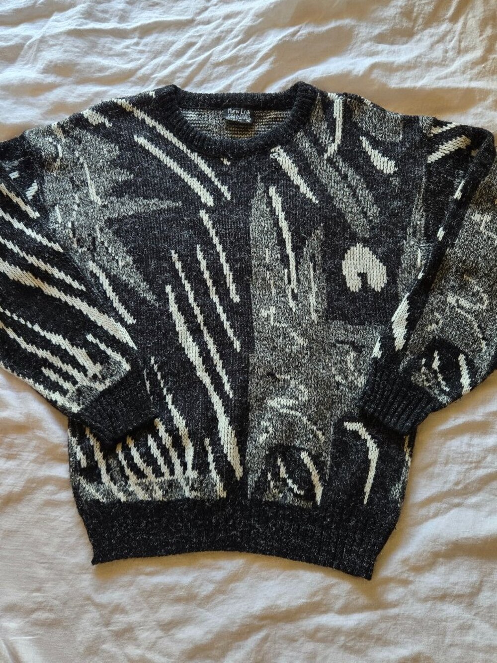 Vintage New Era Abstract Knit Sweater Grey Black 90s Coogi Style